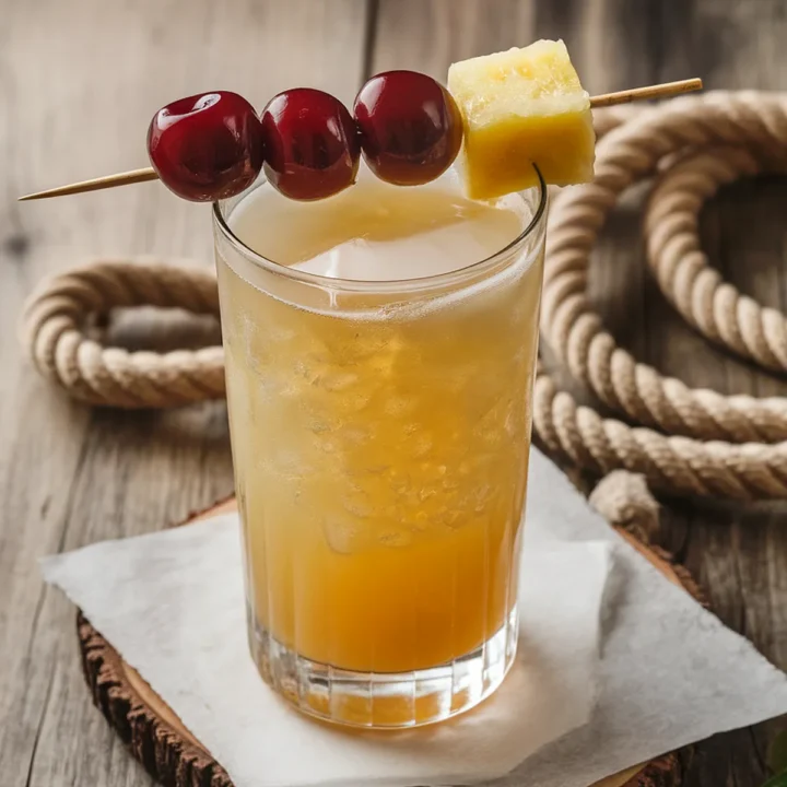 Refreshing tropical cocktail in tall glass, garnished with cherries and pineapple on rustic wooden table.