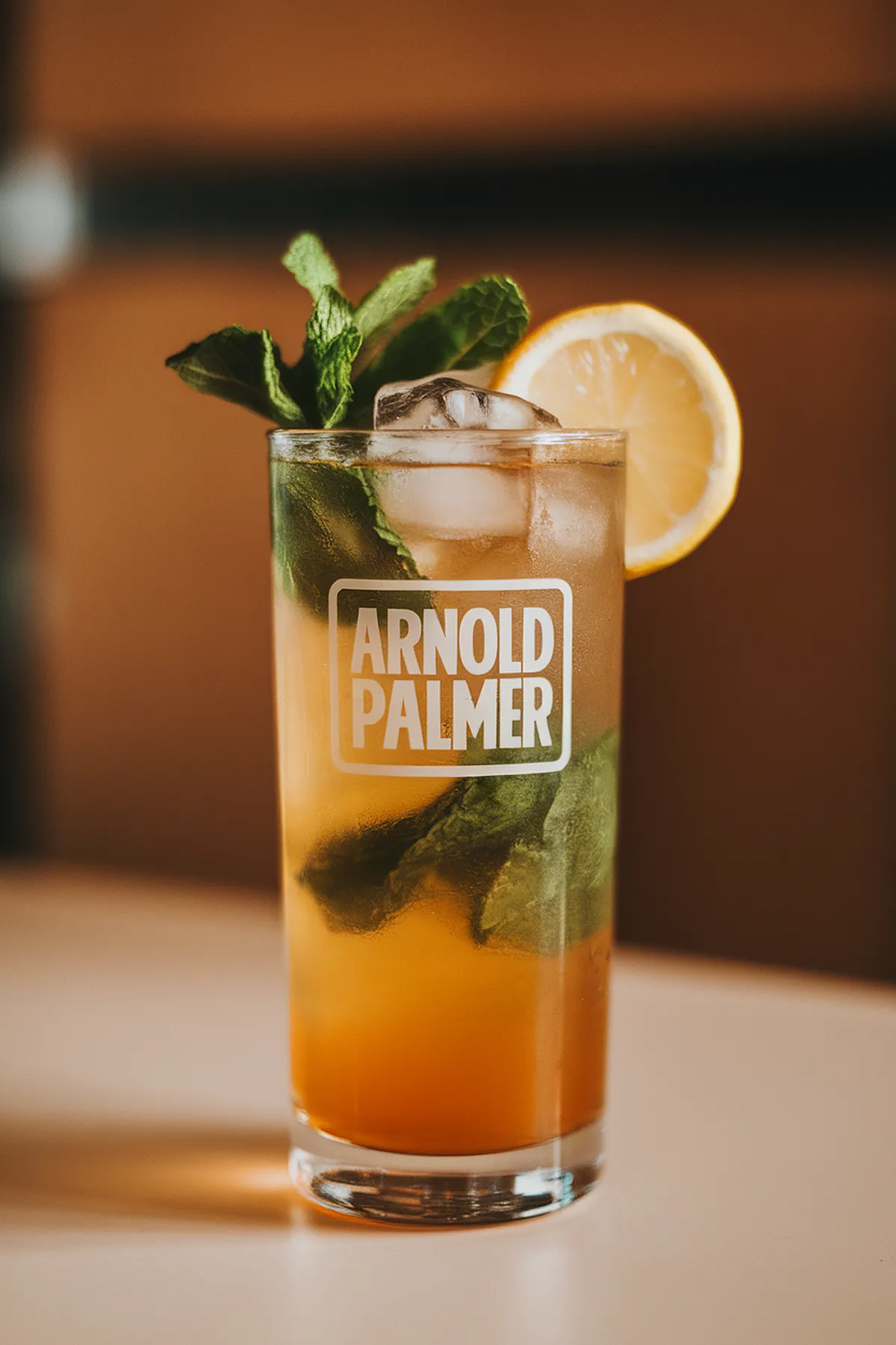 Arnold Palmer drink with lemon and mint garnish in a glass on a table. Refreshing iced tea and lemonade beverage.