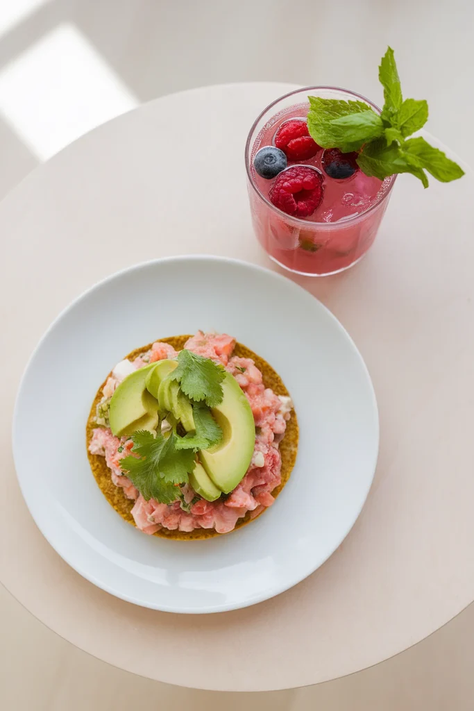 Tostada topped with avocado and cilantro beside a refreshing berry drink with mint garnish.