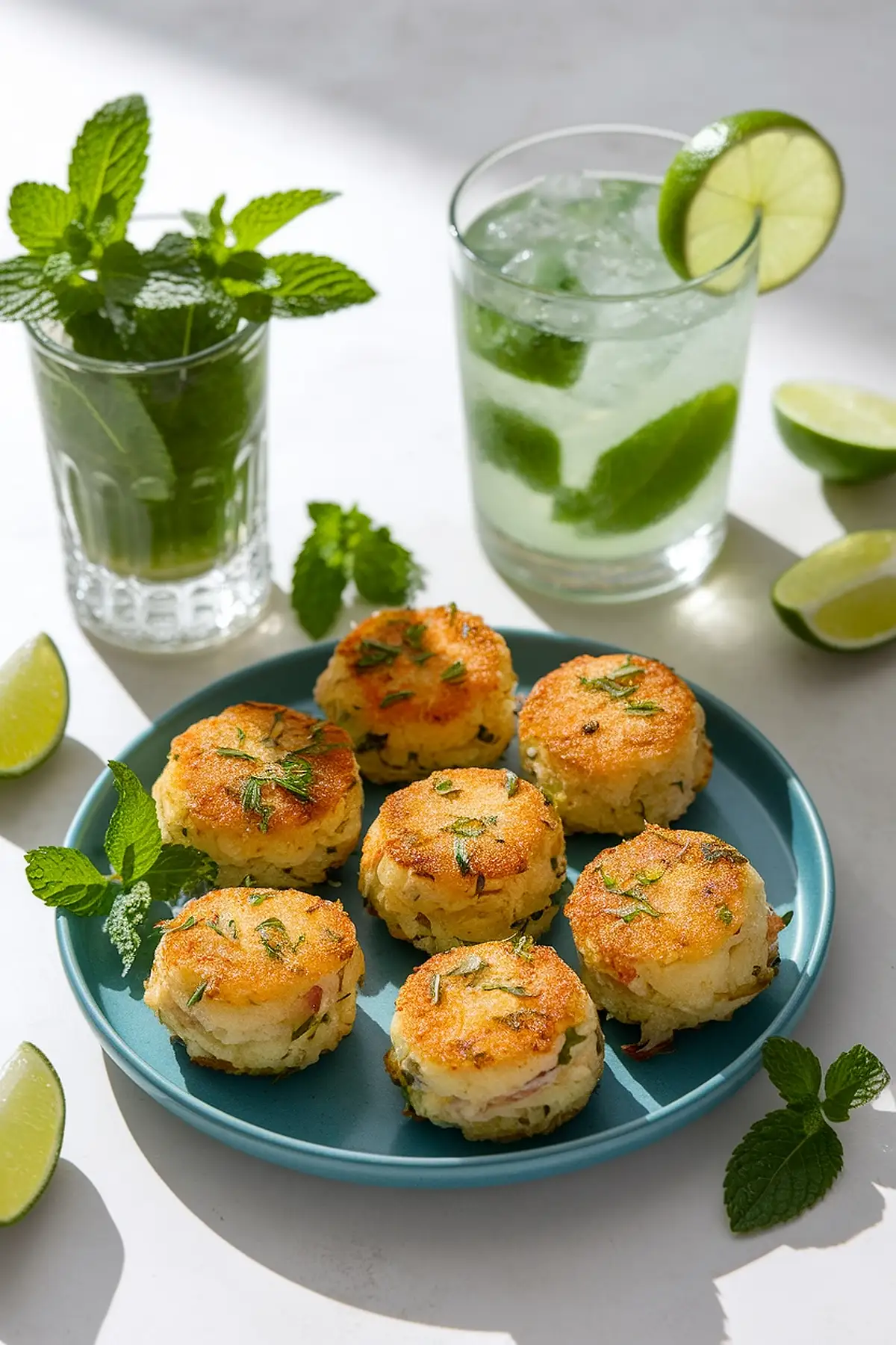 Mojito appetizer pairing ideas. Plate of crab cakes with mint, lime, and refreshing mojito cocktail on a white table.