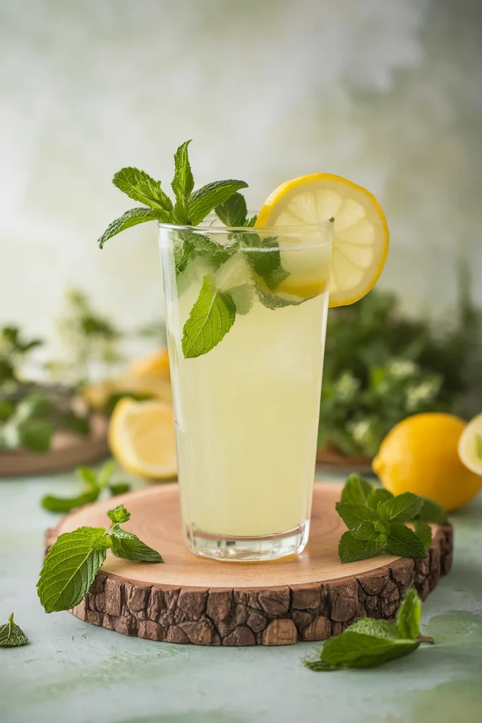 Refreshing lemonade in a glass with mint and lemon slice garnish on a wooden coaster.