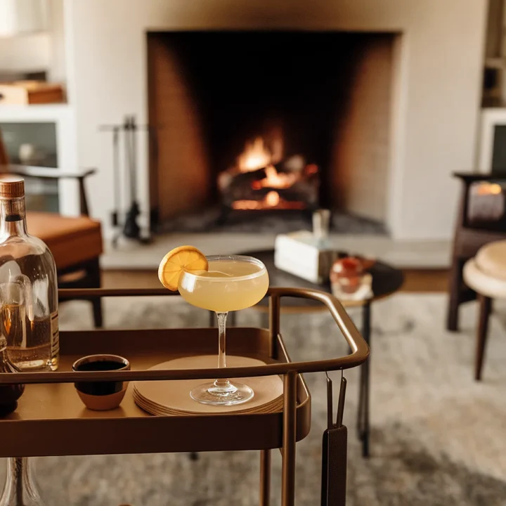 Cocktail on a tray with a cozy fireplace in the background, creating a warm, inviting atmosphere.