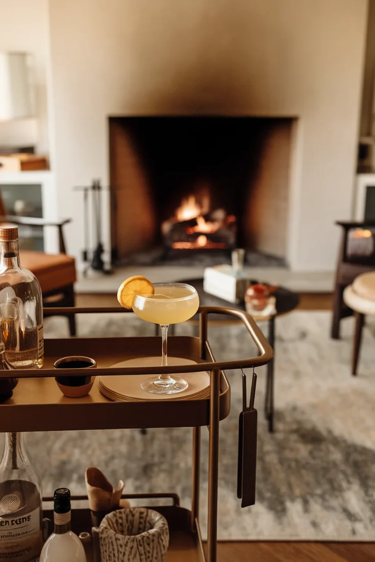 Cocktail on a tray with a cozy fireplace in the background, creating a warm, inviting atmosphere.