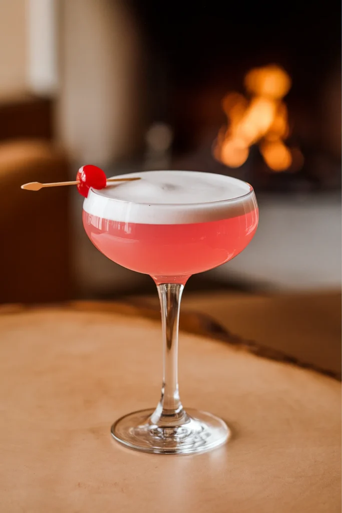 Elegant pink cocktail with a cherry garnish, set against a cozy fireplace background.