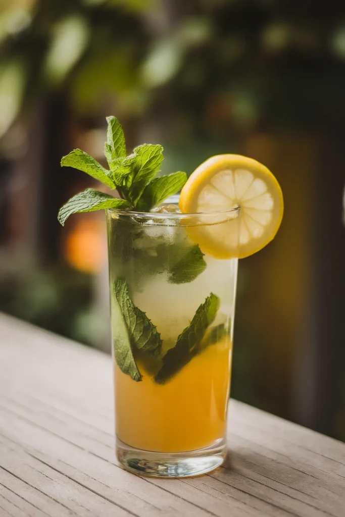 Refreshing lemon and mint iced tea in a glass on a wooden table. Arnold Palmer Mocktail