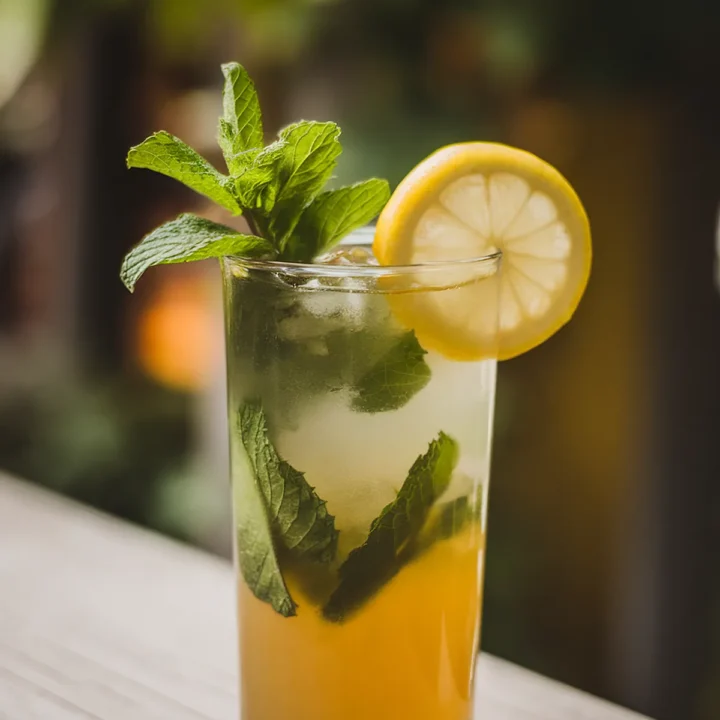 Refreshing lemon and mint iced tea in a glass on a wooden table.