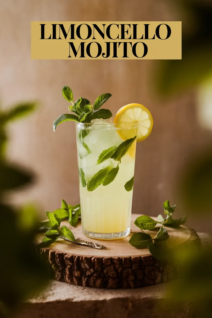 Limoncello mojito cocktail garnished with mint and lemon slice on a wooden surface. Refreshing summer drink.
