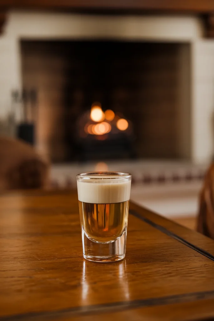 Layered shot glass on wooden table, cozy fireplace in background. Warm and inviting atmosphere.