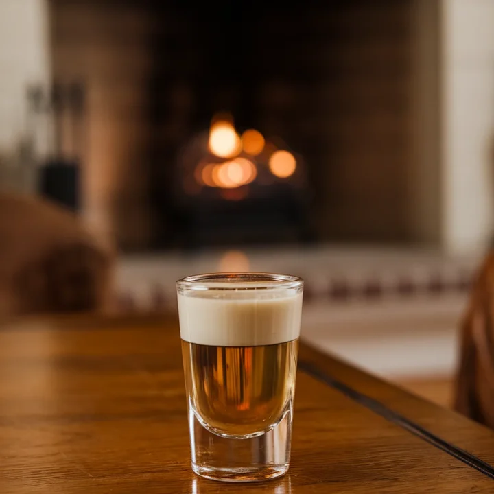 Layered shot glass on wooden table, cozy fireplace in background. Warm and inviting atmosphere.