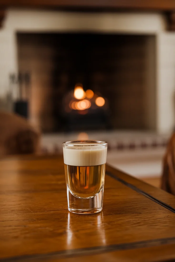 Layered shot glass on wooden table, cozy fireplace in background. Warm and inviting atmosphere.