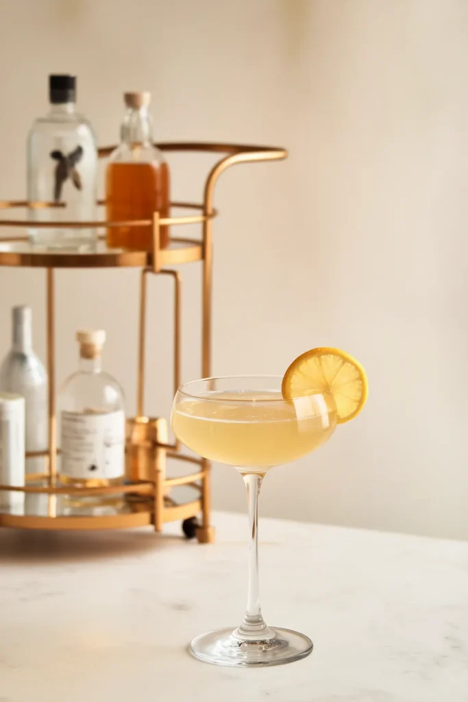 Elegant cocktail with lemon slice on bar cart background.