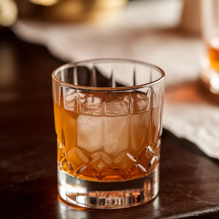 Glass of whiskey with ice on a wooden table, perfect for a cozy evening drink.
