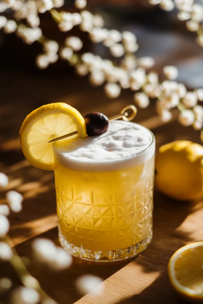 Yellow cocktail in a patterned glass with lemon slice and cherry garnish on a wooden table.