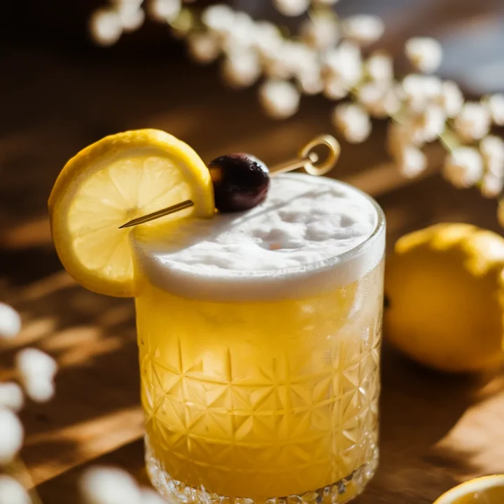 Yellow cocktail in a patterned glass with lemon slice and cherry garnish on a wooden table.