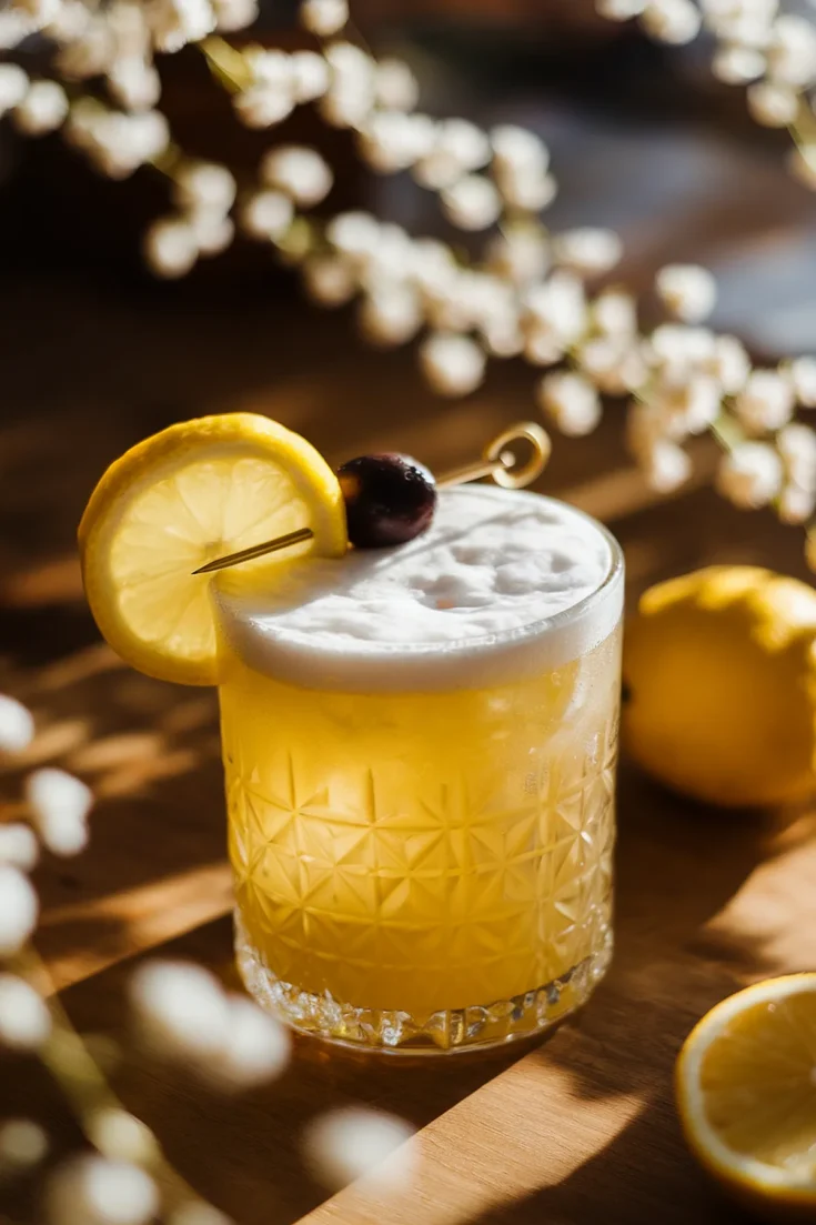 Yellow cocktail in a patterned glass with lemon slice and cherry garnish on a wooden table.
