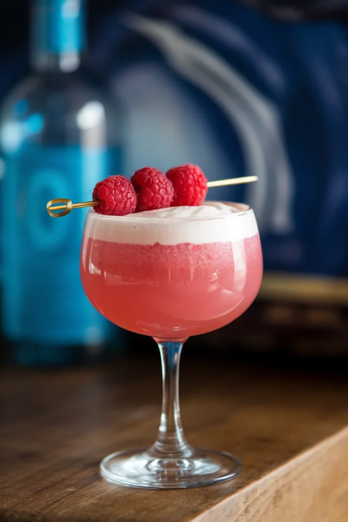 Vibrant raspberry cocktail with foam in a glass, garnished with skewered raspberries, on a wooden surface.