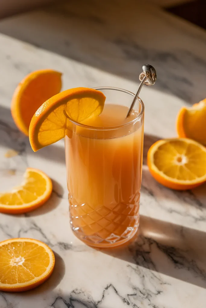 Refreshing glass of orange juice with slices on marble surface in sunlight.