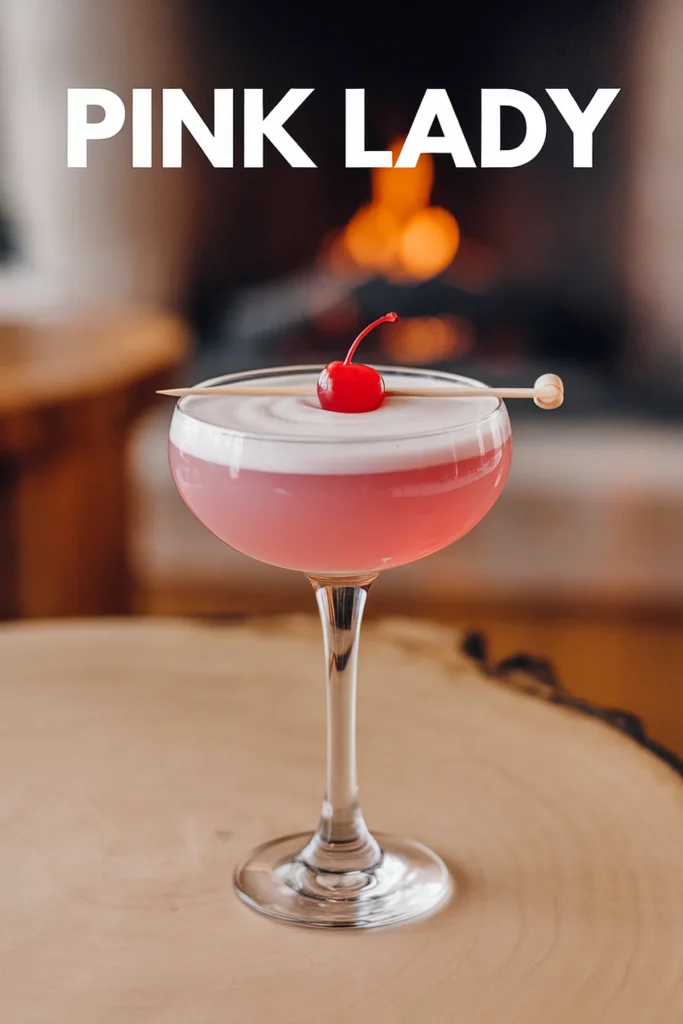 Elegant Pink Lady cocktail with a cherry garnish, set against a cozy fireplace background.