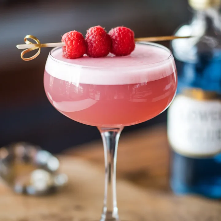 Clover Club cocktail garnished with fresh raspberries on a skewer in a stem glass, elegant presentation.