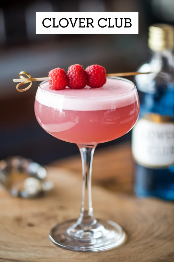 Clover Club cocktail garnished with fresh raspberries on a skewer in a stem glass, elegant presentation.