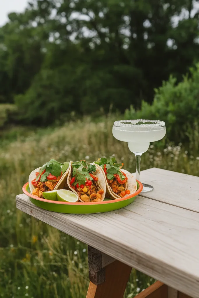 Plate of chicken tacos with cilantro and lime, served with a margarita on a wooden table outdoors.