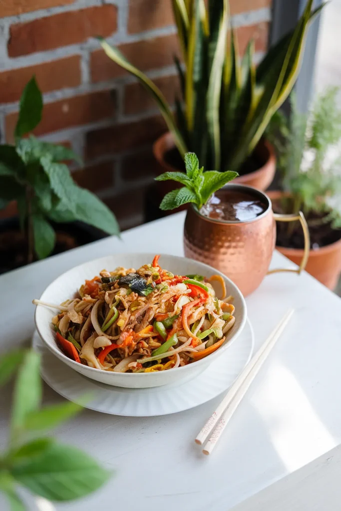 Bowl of vegetable stir-fry noodles with chopsticks, paired with mint tea in a copper mug, near potted plants.