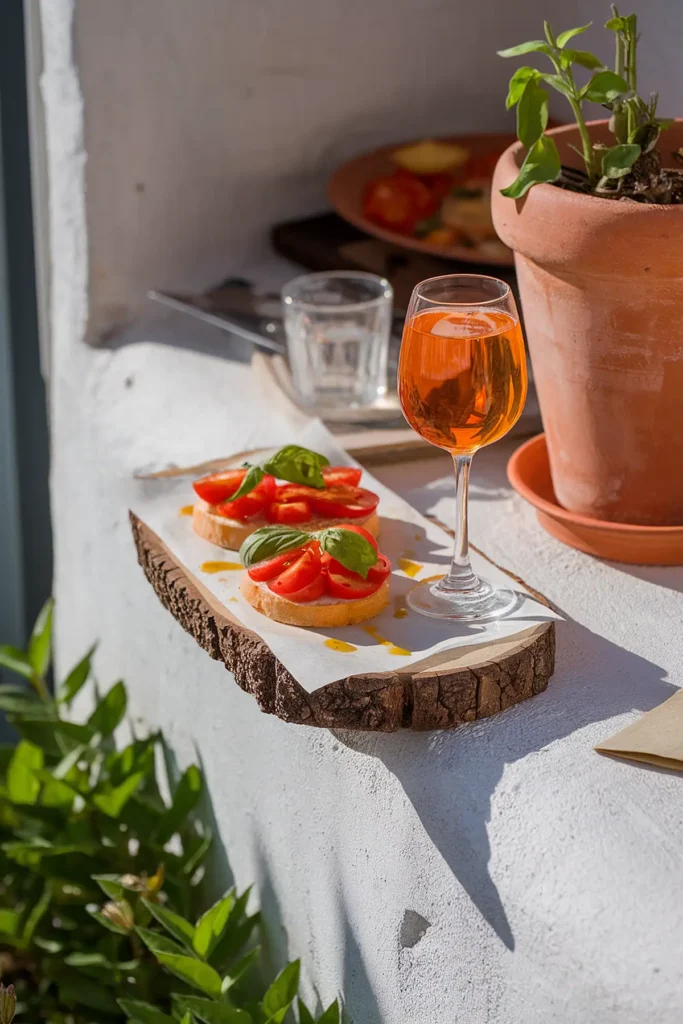 Tomato bruschetta with fresh basil and a glass of orange aperitif on a rustic plate outdoors.