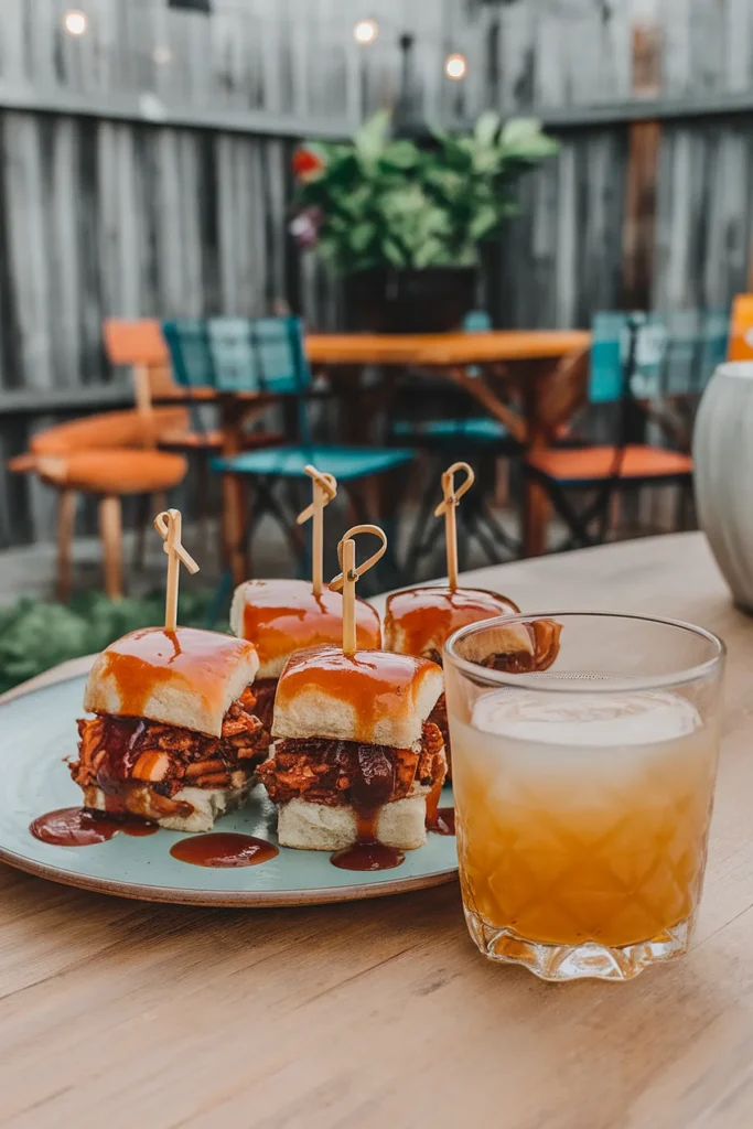Barbecue sliders with skewers on a plate beside a cocktail, set on an outdoor table with colorful chairs.