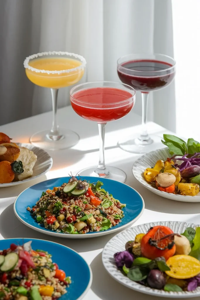 Vegan cocktail pairings. Colorful quinoa salad and vibrant cocktails on a table, perfect for a healthy and refreshing meal.