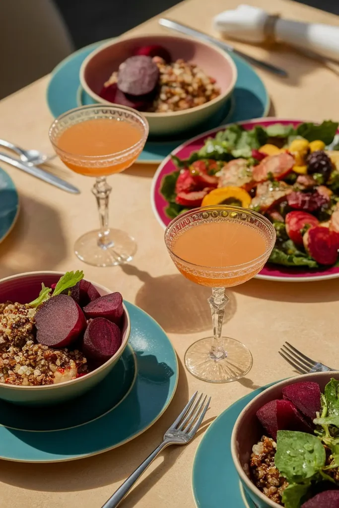 Vibrant brunch setting with quinoa bowls, fresh salad, and cocktails on a sunlit table.