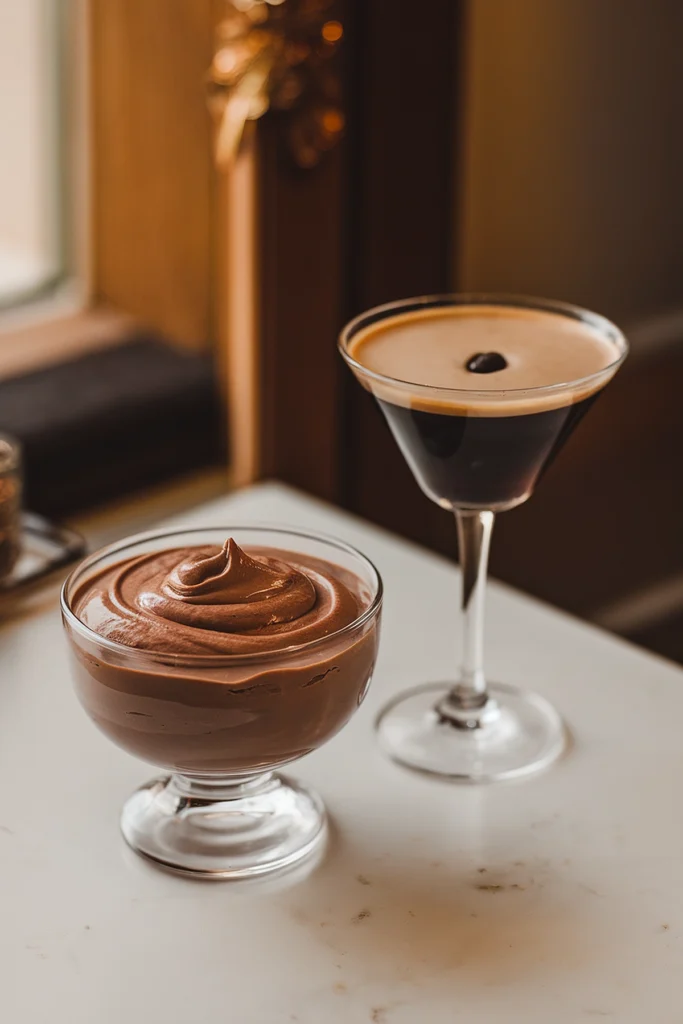 Creamy chocolate mousse and espresso martini on a marble table, perfect for dessert or a sophisticated evening treat.