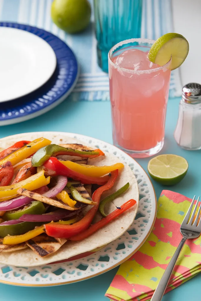 Veggie fajitas with colorful bell peppers and onions, served with a refreshing pink drink and lime slice.