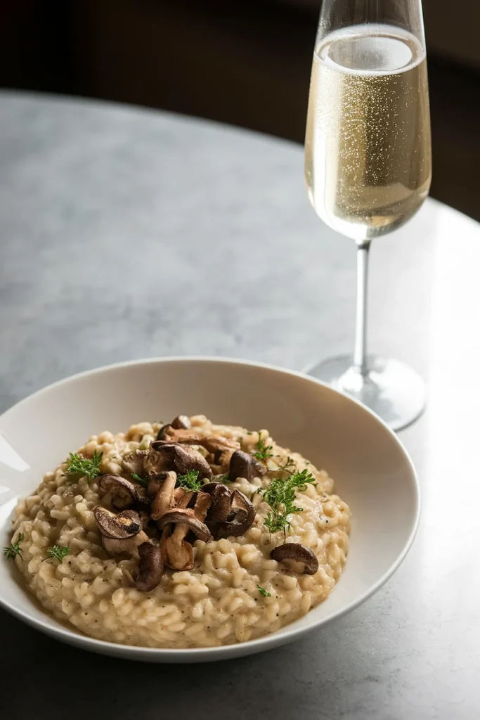 Creamy mushroom risotto with herbs and a glass of champagne on a table, perfect for a gourmet dining experience.