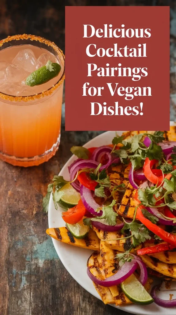 Cocktail with a rim of spice and lime, paired with a vibrant vegan dish of grilled veggies and herbs on a rustic table.