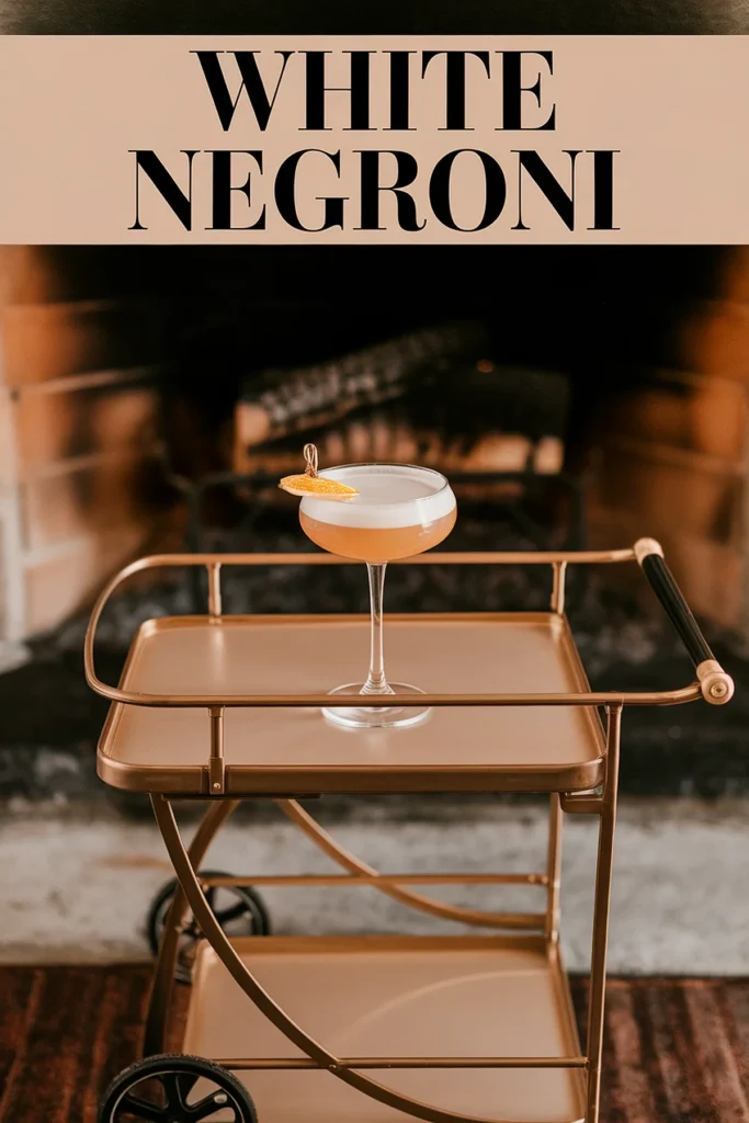 White Negroni cocktail on elegant bar cart by cozy fireplace. Sophisticated drink setting.