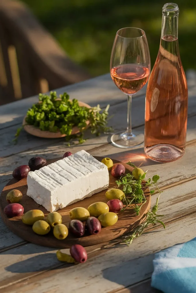 Plate of feta cheese with olives and herbs, paired with a glass and bottle of rosé wine on a rustic table.