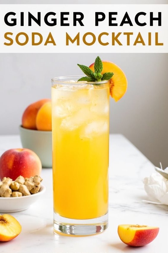 Ginger peach soda mocktail in a glass with ice, garnished with mint and peach slice. Peaches and ginger nearby.