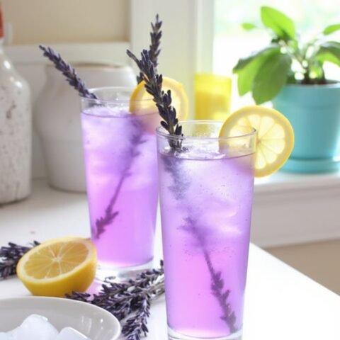 Refreshing lavender lemonade with ice and lemon slices in glasses on a white countertop, garnished with lavender sprigs.