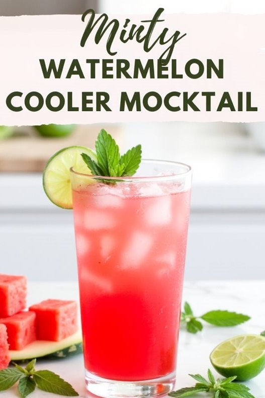 Refreshing minty watermelon cooler mocktail with lime and mint garnish in a glass on a bright kitchen counter.
