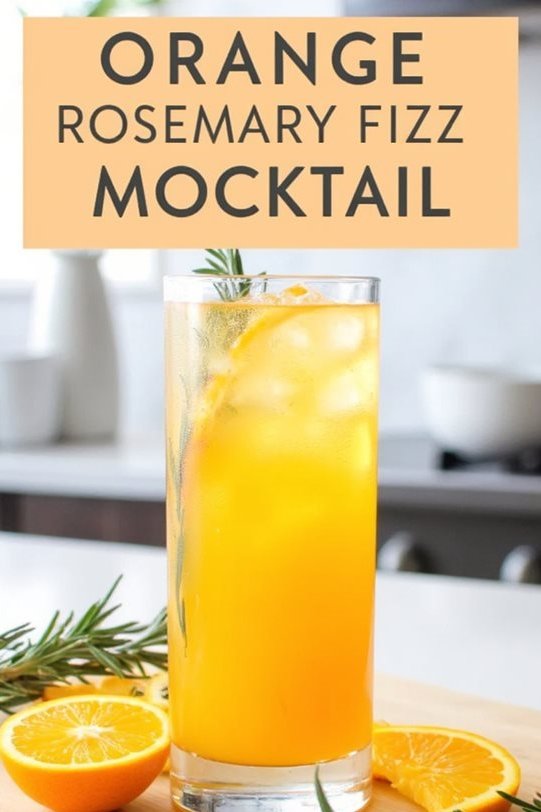 Tall glass of orange rosemary fizz mocktail with ice, garnished with fresh rosemary and orange slices on a kitchen counter.