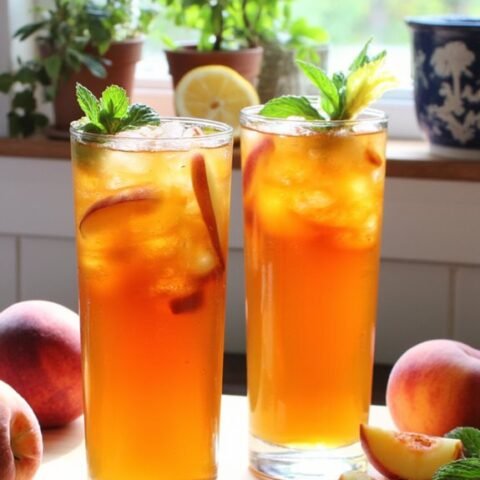 Two tall glasses of iced peach tea garnished with mint, surrounded by fresh peaches on a sunny kitchen counter.