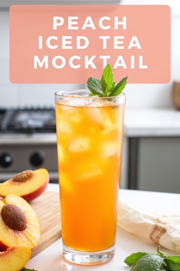 Tall glass of peach iced tea mocktail with ice and mint, surrounded by fresh peaches in a cozy kitchen setting.