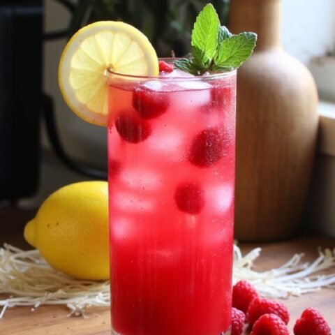 Chilled raspberry lemonade with fresh raspberries, lemon slice, and mint garnish in a glass on a wooden table.