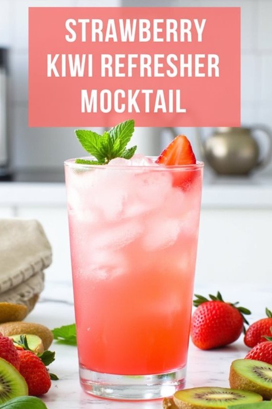 Strawberry kiwi refresher mocktail in a glass with fresh mint garnish, surrounded by strawberries and kiwis.