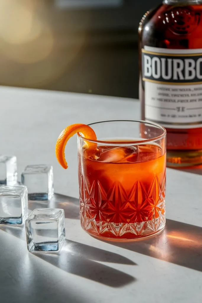 Bourbon cocktail with orange peel garnish, surrounded by ice cubes on a sunny countertop.