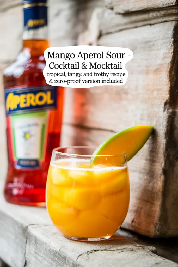 Mango Aperol Sour cocktail with Aperol bottle, tropical drink with orange hue, garnished with mango slice.