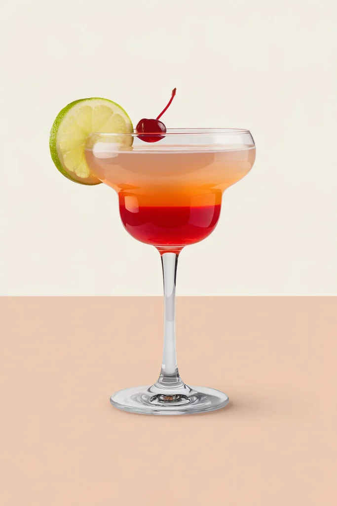 Colorful cocktail in a margarita glass with cherry and lime garnish on a beige background.