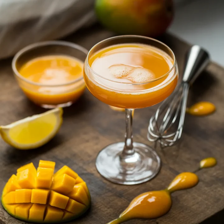 Refreshing mango cocktail with fresh diced mango, lemon slice, and whisk on a wooden table. Perfect summer drink.