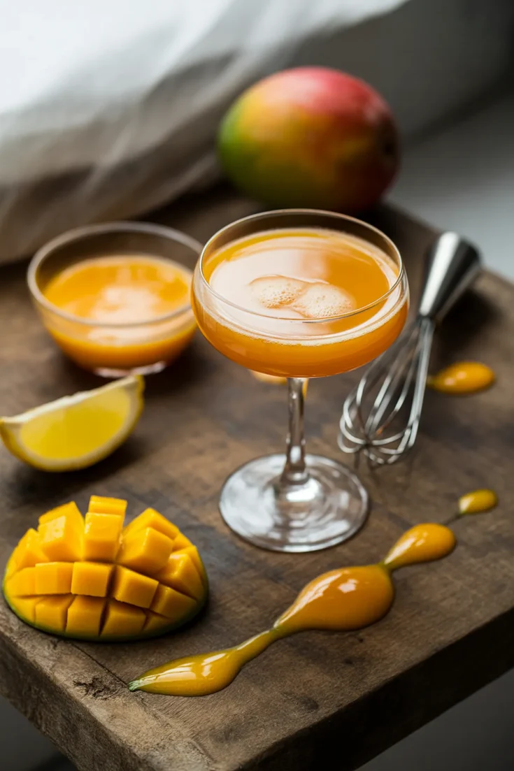 Refreshing mango cocktail with fresh diced mango, lemon slice, and whisk on a wooden table. Perfect summer drink.