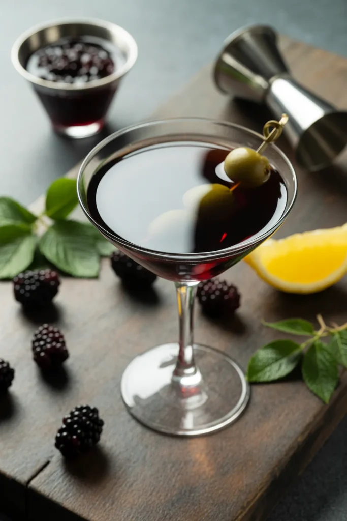 Elegant blackberry cocktail garnished with olives, surrounded by fresh blackberries and lemon on a wooden board.